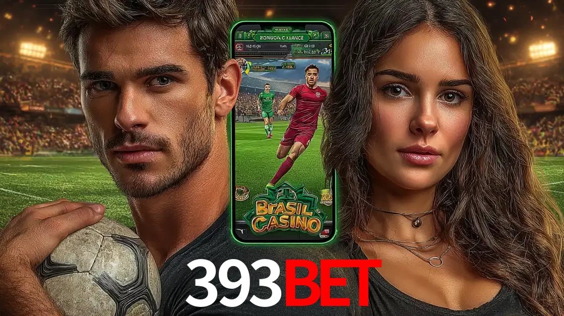 Homem segurando uma bola de futebol e uma mulher ao lado de um smartphone exibindo o jogo de apostas esportivas da 393bet. Faça seu palpite no cassino online.